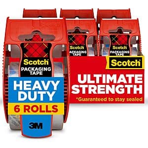 Six rolls of tan Scotch Heavy Duty Shipping Packing Tape with plastic dispensers attached, each roll measuring 1.88 inches wide by 22.2 yards long.