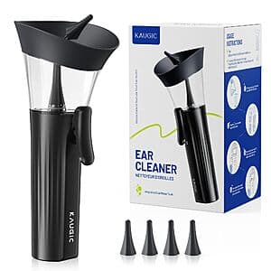 KAUGIC ear wax cleaner device with multiple soft silicone cleaning tips and storage case, displayed in product packaging.