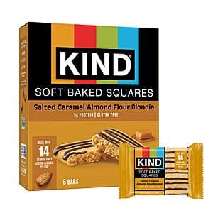 Six-pack box of KIND Soft Baked Squares in Salted Caramel Almond Flour flavor with 1.4 oz individual wrapped pieces.