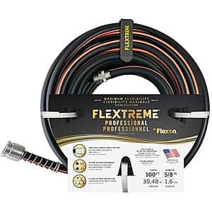 Black 100-foot Flexon Flextreme Pro rubber garden hose coiled with product branding visible.
