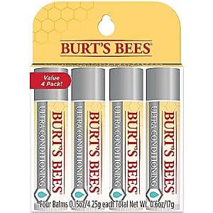 Four-pack of Burt's Bees Ultra Conditioning Lip Balm in individual 0.15 oz tubes with branded packaging.