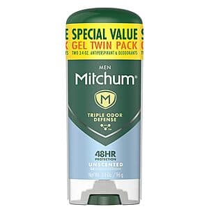 2-Pack 3.4-Oz Mitchum Men's Gel Anti-Perspirant & Deodorants (Unscented) $3.75 w/ Subscribe & Save