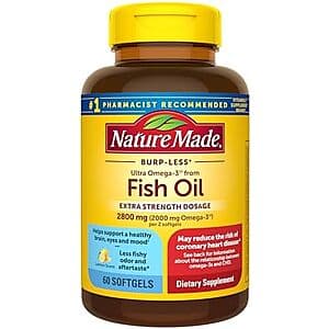 Nature Made Extra Strength Omega 3 Fish Oil bottle with 60 softgels, featuring orange-tinted softgels visible through packaging.