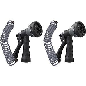 2-Pack Orbit 25' Coil Garden Hose with 8-Pattern Hose Nozzle (Gray) $14.40