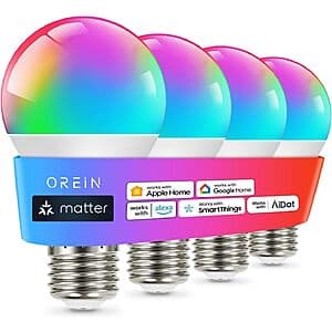 4-Pk OREiN Matter Smart Light Bulb A19 RGBTW Color Changing Light Bulbs $14