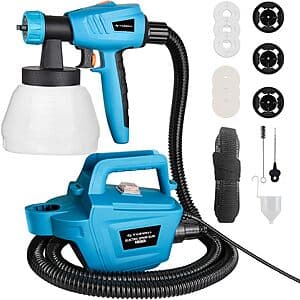 Tilswall 800W HVLP electric paint sprayer with blue and black exterior and 1300ml container.