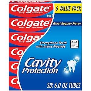 Six-pack of 6-ounce tubes of Colgate Cavity Protection toothpaste in white packaging with blue accents.