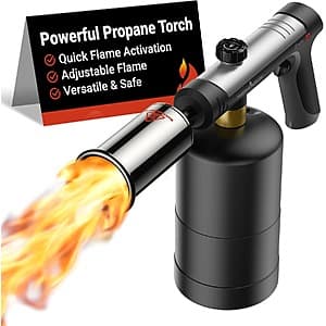 Silver ThermoMaven propane blow torch with one-touch maximum fire ignition control.