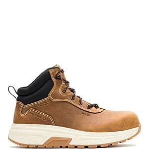 Wolverine Men's Ride Performance Wedge Mid CarbonMax Work Boot in black or brown leather with reinforced toe and mid-height shaft.