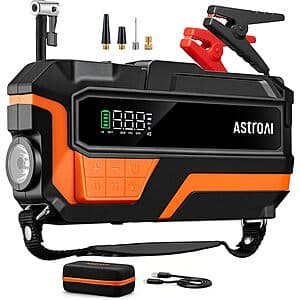 AstroAI M10 black and red jump starter with integrated air compressor, 23.6" hose, and built-in LED light displayed with rugged EVA carrying case.