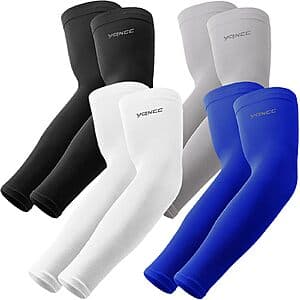 Four pairs of compression arm sleeves in black, white, gray, and blue colors arranged together.