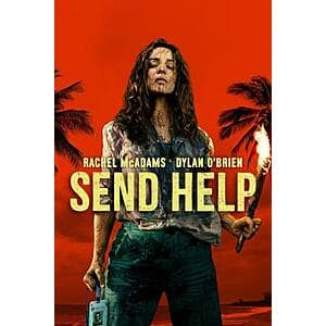 Movie poster or promotional image for Send Help (2025), featuring Rachel McAdams and Dylan O'Brien in a darkly comedic survival scenario.