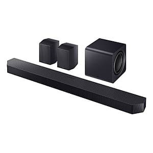 Samsung HW-Q990F black soundbar system with integrated subwoofer and rear speakers for 11.1.4-channel surround sound.