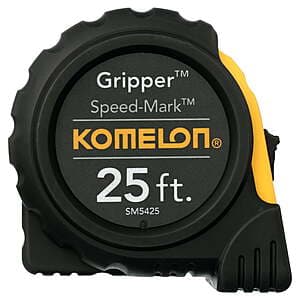 Komelon 25-foot Speedmark Gripper Tape Measure with yellow and black casing, model SM5425.