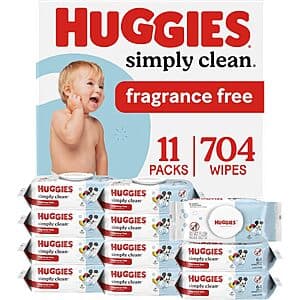 11-pack of Huggies Simply Clean Baby Wipes boxes with 64-count packages in white and blue packaging.