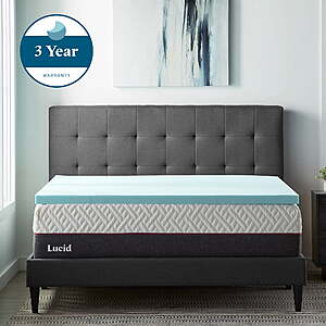 Lucid 2-inch cooling gel memory foam mattress topper in Twin XL size with aloe vera-infused plush surface.