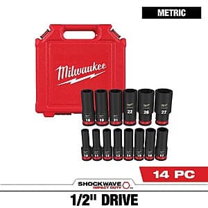 14-Pc Milwaukee SHOCKWAVE 1/2" Drive Metric Deep Well 6 Point Impact Socket Set $56 + Free S&H