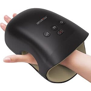 CINCOM hand massager with white and black design, showing the device designed to fit around the hand for therapeutic massage with heat and compression features.