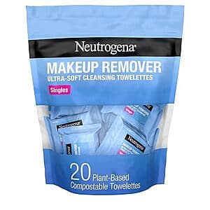 Neutrogena Makeup Remover Wipes package, 20-count cleansing towelettes in white and blue packaging.