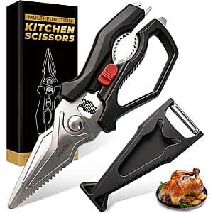 FINENUT heavy duty kitchen scissors in stainless steel with an attached peeler sheath, displayed against a neutral background.