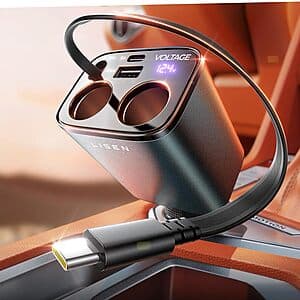 LISEN 140W Dual 12V Car Adapter Splitter / Charger w/ USB A & USB-C $15
