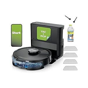 Shark Matrix Plus robotic vacuum and mop hybrid unit with self-emptying feature and sleek black design.