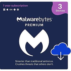 1-Year Malwarebytes Premium (3 Device, Digital Download) $15