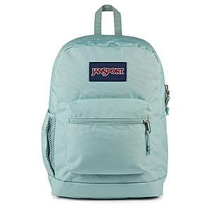JanSport Cross Town Plus Remix 17-inch backpack in green with multiple compartments and carrying straps.