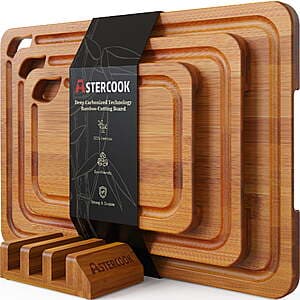 4-pc Astercook Bamboo Wood Cutting Board Set w/ Juice Groove & Handles $23