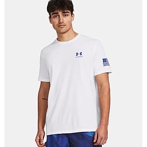 Under Armour Freedom Flag Gradient Men's T-Shirt featuring red, white, and blue gradient design on dark fabric.