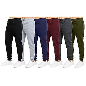Six pairs of men's fleece-lined joggers with zipper pockets, displayed together to show the multi-pack offer.