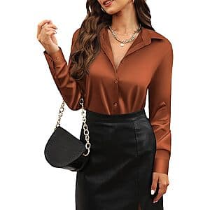 CUNLIN women's satin button-down long-sleeve shirt in solid color, displayed flat or on model.