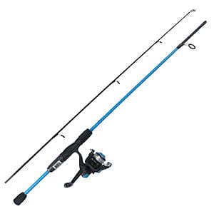 Ozark Trail Wayfarer 5'6" two-piece fiberglass spinning rod with blue finish and matching size 80 spinning reel pre-spooled with 8 lb line.