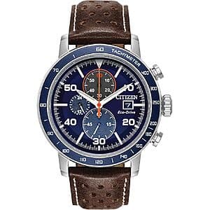Citizen 44mm Eco-Drive Weekender Brycen Chronograph Watch with brown leather strap and blue dial.