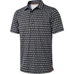 MAELREG men's performance golf polo shirt in dry-fit fabric with UPF 30+ protection, available in various colors and patterns, displayed on size range S–5XL.
