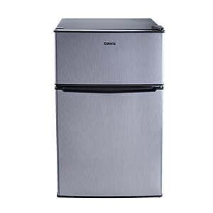 Galanz stainless steel and black two-door compact mini fridge with separate freezer compartment, 3.1 cubic feet capacity.