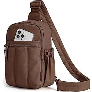 BAGSMART quilted puffer crossbody sling bag in Chocolate, Camel, or Coral color options.