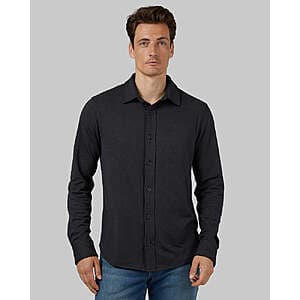 Men's soft stretch knit button-up shirt in solid color with front button closure.