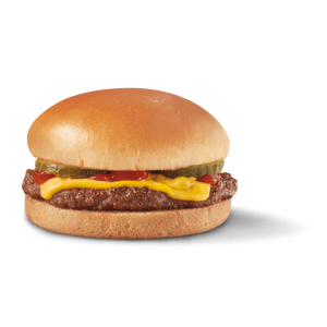 DQ Single Original Cheeseburger Signature Stackburger with one beef patty, sharp American cheese, pickles, ketchup, and mustard on a toasted bun.