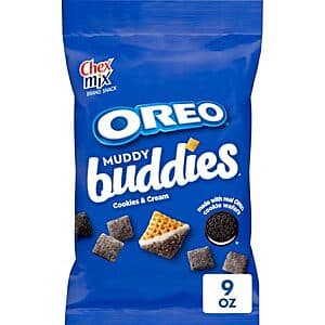 9-ounce package of Chex Mix Muddy Buddies OREO Cookies & Cream Snack Mix with white and dark chocolate coating on cereal pieces.
