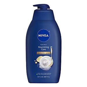 30-oz bottle of NIVEA Nourishing Care Body Wash with nourishing serum formula for dry skin.