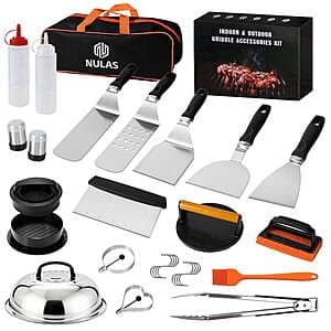 NULAS 27-piece griddle accessories kit including black spatula, burger press, and various stainless steel flat top grill tools arranged in display.