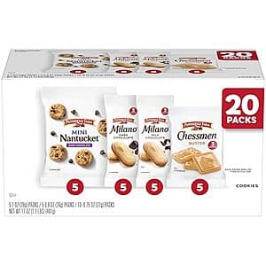 20-pack box of Pepperidge Farm cookies snack packs with variety of flavors in individual serving portions.