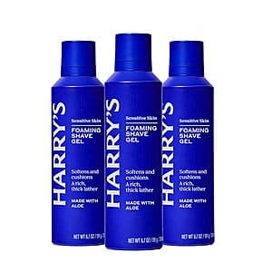 Three 6.7-ounce bottles of Harry's Foaming Shave Gel for Men in blue and white packaging with aloe formula.