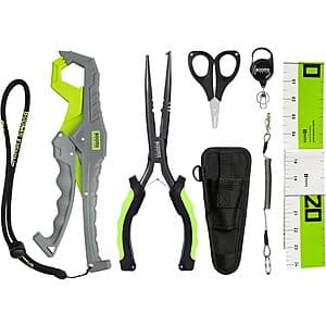 Booms Fishing 6-piece tool kit laid out showing needle-nose pliers, fish gripper, scissors, 24-inch ruler, retractor with lanyard, and storage pouch.