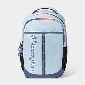 Light blue Champion Center backpack with exterior pocket for laptop, dimensions 18" H x 11.5" W x 6.5" D.
