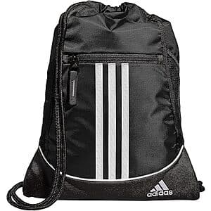 adidas Alliance Drawstring Backpack in black with the adidas logo, shown from the front with drawstring closure and side compartments.