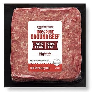 One pound package of ground beef 80% lean/20% fat with Amazon Grocery branding.