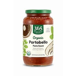 365 by Whole Foods Market Organic Portobello Mushroom Pasta Sauce in a 25-ounce jar with a burgundy and white label.