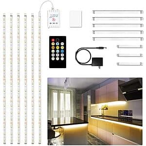 Six-piece dimmable LED strip light kit with 9.8-foot strips, remote control, mounted under kitchen cabinets with warm white lighting.
